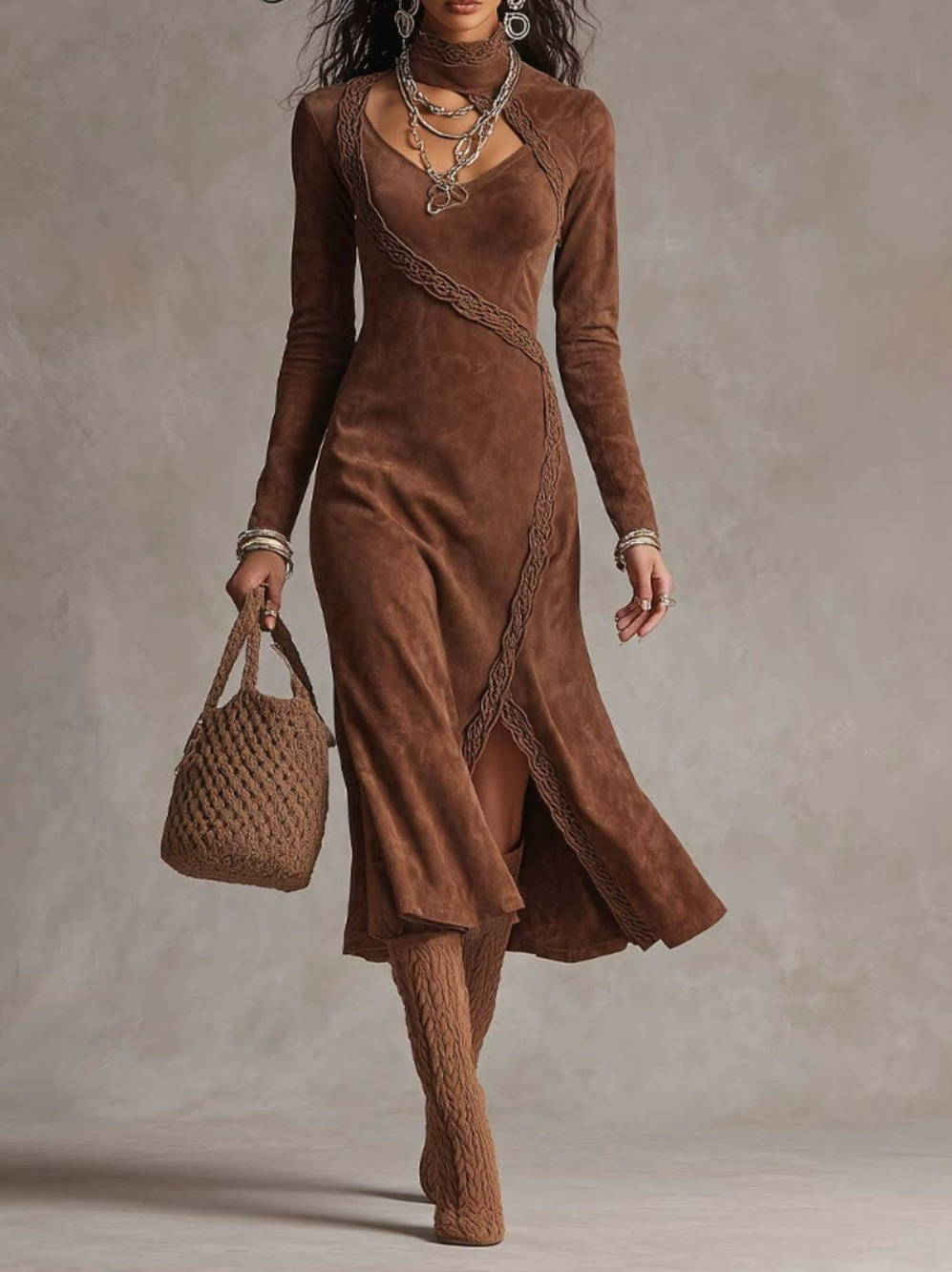 ZARA Slim Fit Zip Up Stand Collar Suede Slit Long Dress Fall Winter